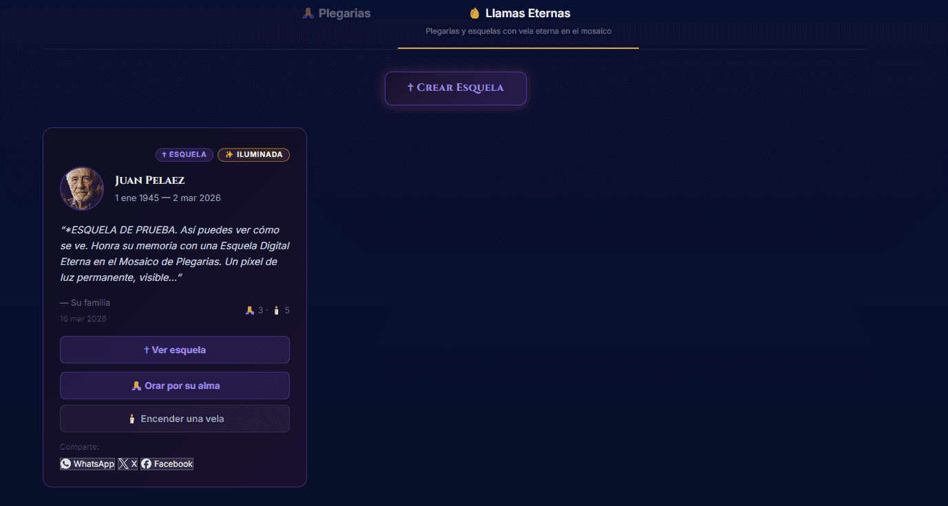 Cómo se ve una esquela digital en el feed de Llamas Eternas de Plegarias.org