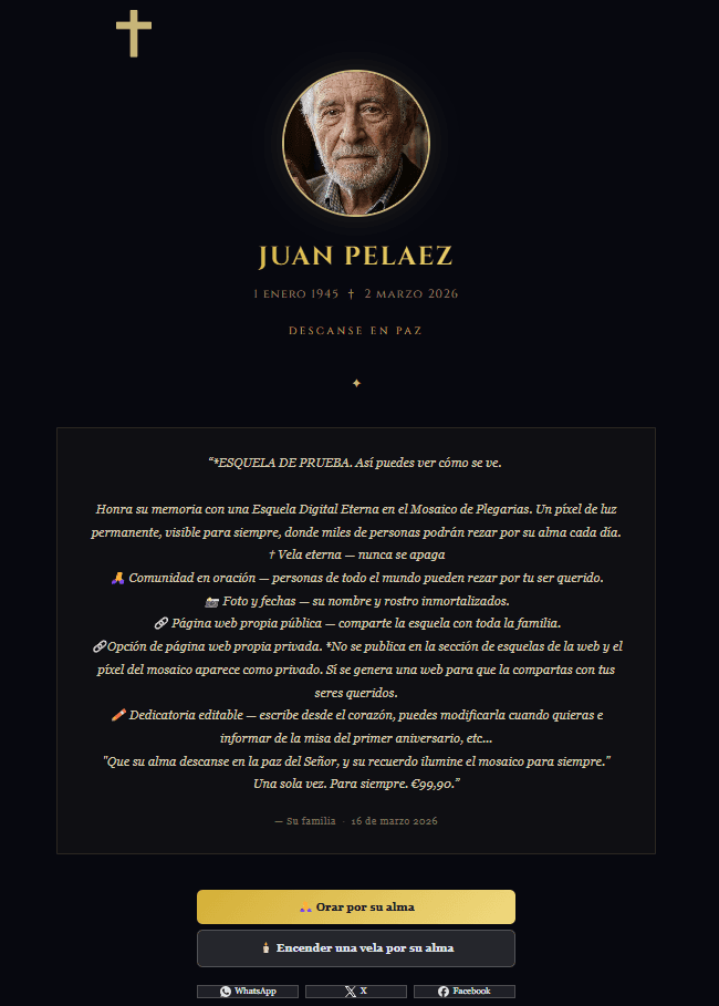 Página pública de una esquela digital en Plegarias.org